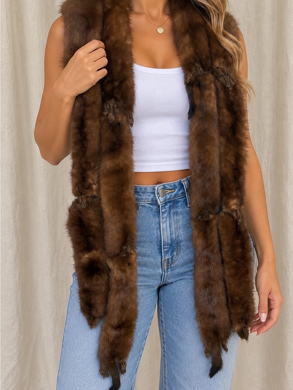 Vintage Real Fur Full Pelt Stole Wrap Heads Feet Tails Brown Mink Marten Style